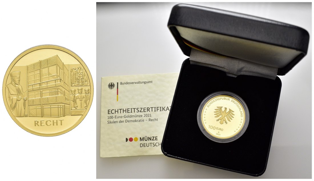PEUS 7330 BRD 15,55 g Feingold. Säulen der Demokratie - Recht MIT Etui + Zertifikat 100 Euro GOLD 2021 A Berlin Stempelglanz (in Kapsel)