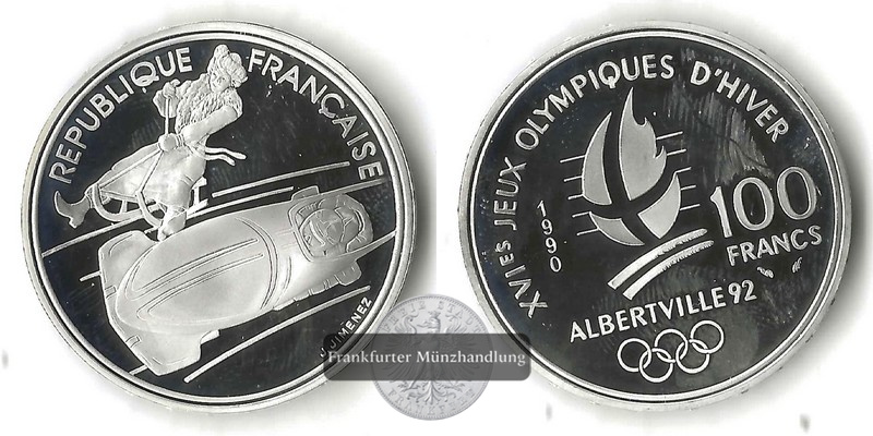  Frankreich  100 Francs  1990  Olympiade Albertville 1992   FM-Frankfurt  Feinsilber: 19,98g   