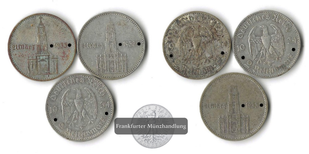  Deutschland, Drittes Reich 3x 2 Reichsmark  1934  FM-Frankfurt  Feinsilber: 3x 5g = 15g   