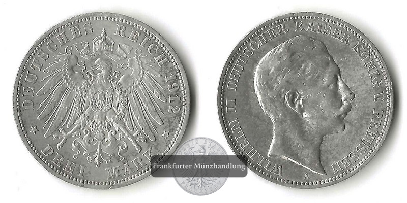  Preussen, Kaiserreich  3 Mark  1912 A  Wilhelm II. 1888-1980   FM-Frankfurt  Feinsilber: 15g   
