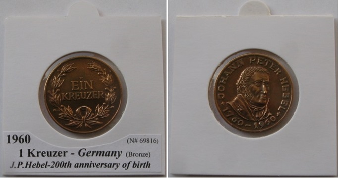  1960, Deutschland, 1 Kreuzer-J.P.Hebel-200. Geburtstag, eine Medaille.   