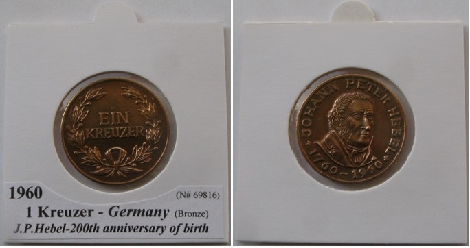  1960,Germany, 1 Kreuzer-J.P.Hebel-200th anniversary of birth, medal.   