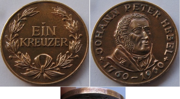  1960,Germany, 1 Kreuzer-J.P.Hebel-200th anniversary of birth, medal.   