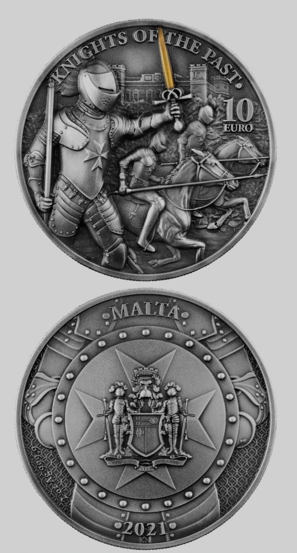  Malta 10 Euro 2021 Knights of the Past 2 Oz Silber Antik Finish High-Relief Teilvergoldung   