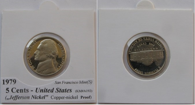  1979, Vereinigte Staaten, 5 Cents,S (Jefferson Nickel-1. Porträt,Polierte Platte   