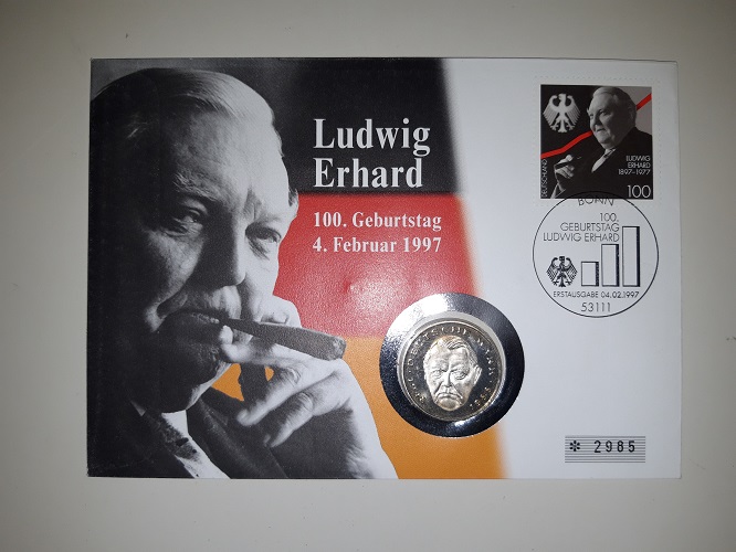 Deutschland Numisbrief von 1997 2 Mark Ludwig Erhard 1994 F stgl.