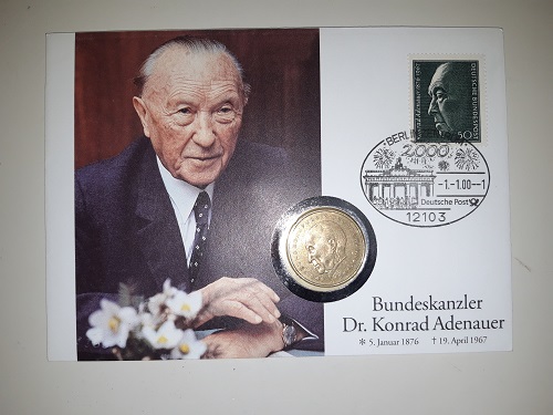 Deutschland Numisbrief von 2000 2 Mark Konrad Adenauer 1977 J stgl.