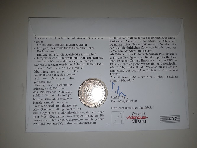 Deutschland Numisbrief von 2000 2 Mark Konrad Adenauer 1977 J stgl.