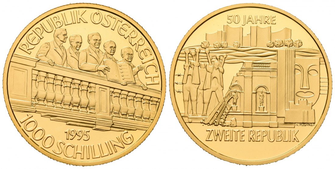 PEUS 7110 Österreich 16 g Feingold. 50 Jahre Zweite Republik 1000 Schilling GOLD 1995 Polierte Platte (Kapsel)