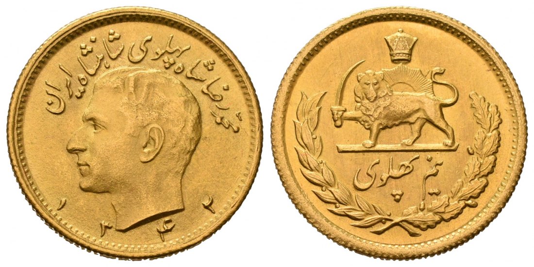 PEUS 7112 Iran 3,66 Feingold 1/2 Pahlevi GOLD 1342 (1963) Fast Stempelglanz