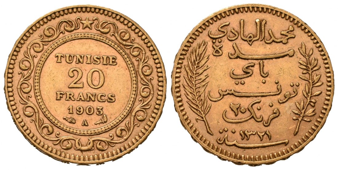 PEUS 7117 Tunesien 5,81 g Feingold 20 Francs GOLD 1903 A Sehr schön