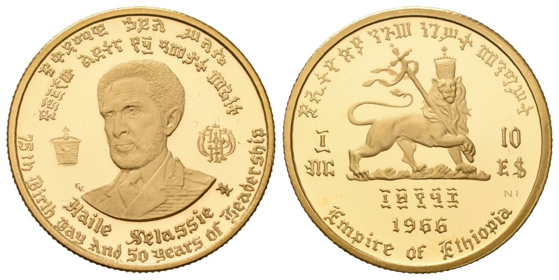 PEUS 7119 Äthiopien / Ethiopia 3,6 g Feingold. Haile Selassie I. 10 Dollars GOLD EE 1958(1966) Proof (Kapsel)