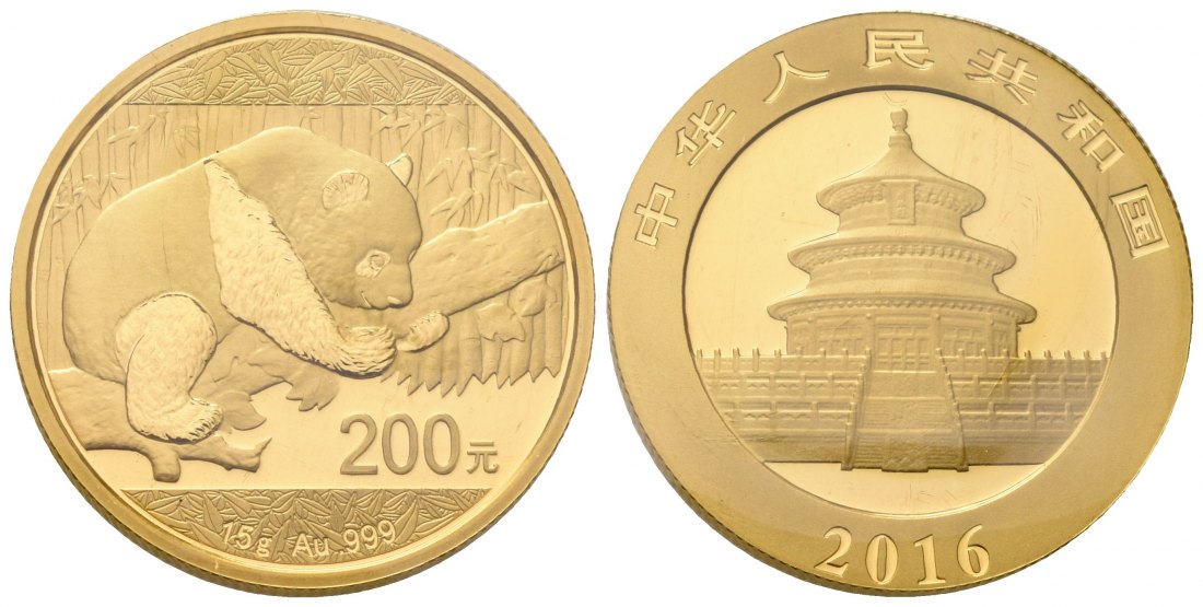 PEUS 7122 China Volksrepublik 15 g Feingold. Panda auf Ast 200 Yuan GOLD 2016 Uncirculated (eingeschweißt)