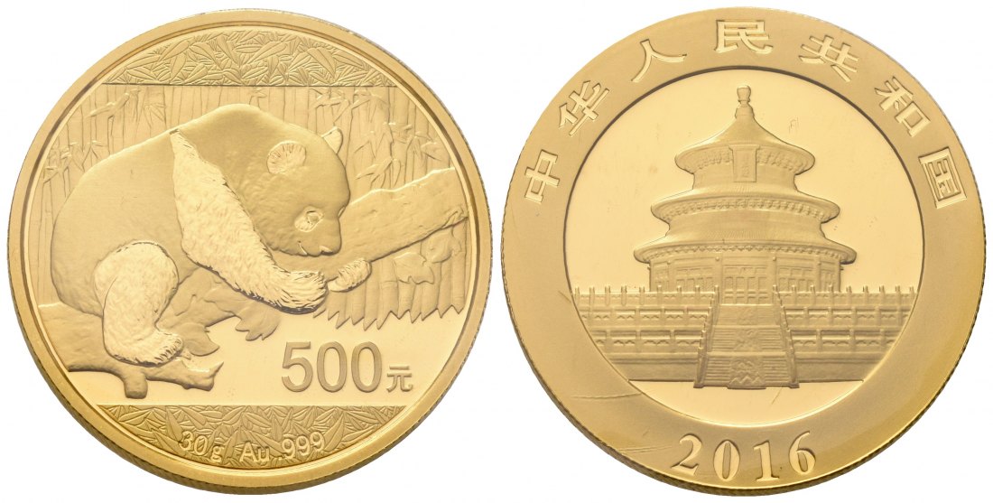 PEUS 7127 China Volksrepublik 30 g Feingold. Panda auf Ast 500 Yuan GOLD 2016 Uncirculated (eingeschweißt)