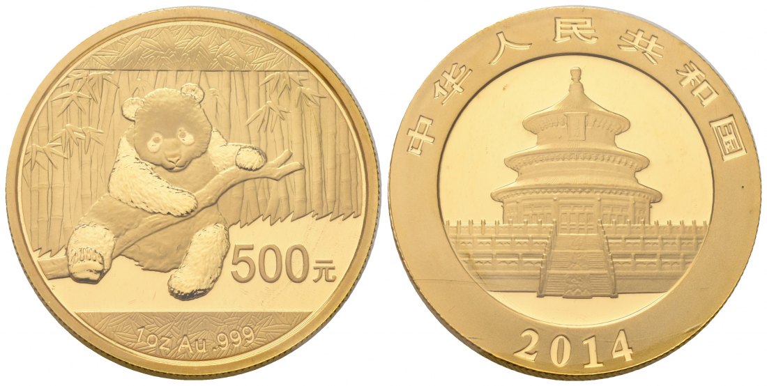PEUS 7128 China Volksrepublik 31,1 g Feingold. Sitzender Panda 500 Yuan GOLD Unze 2014 Uncirculated (eingeschweißt)