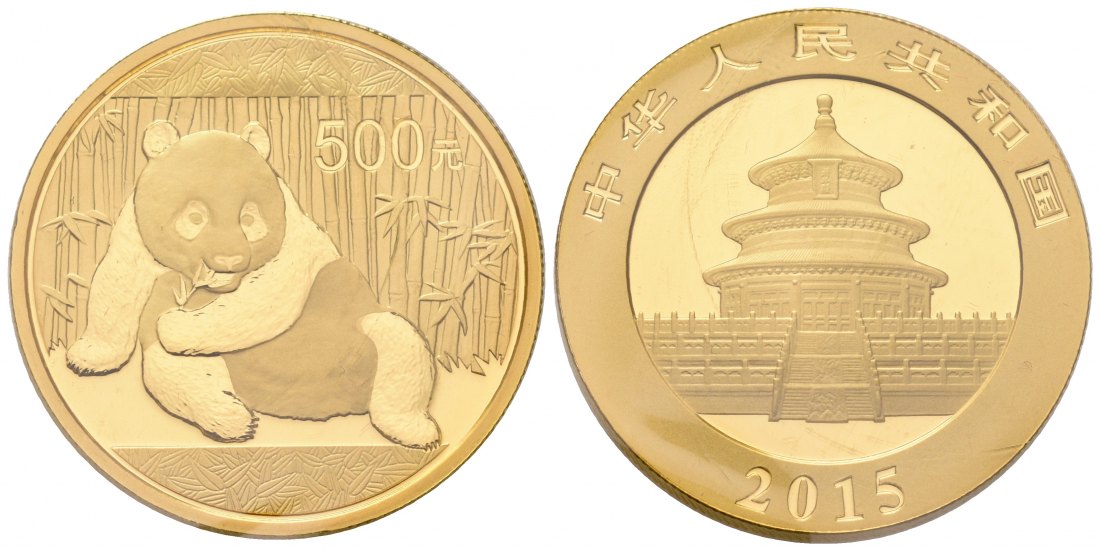 PEUS 7129 China 31,1 g Feingold. Sitzender Panda vor Bambus 500 Yuan GOLD Unze 2015 Uncirculated (eingeschweißt)