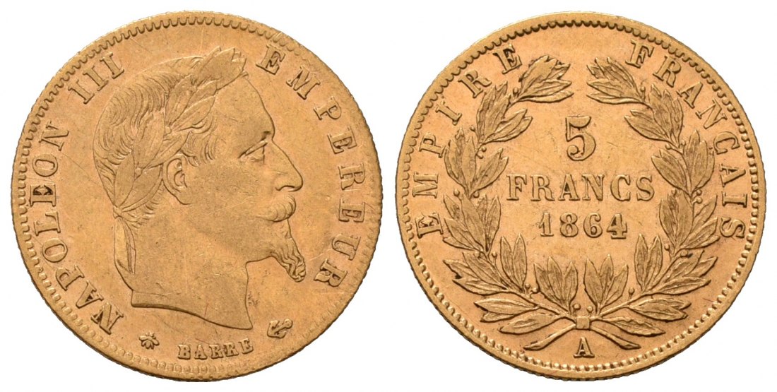 PEUS 7144 Frankreich 1,45 g Feingold. Napoleon III. (1852 - 1870) 5 Francs GOLD 1864 A Sehr schön