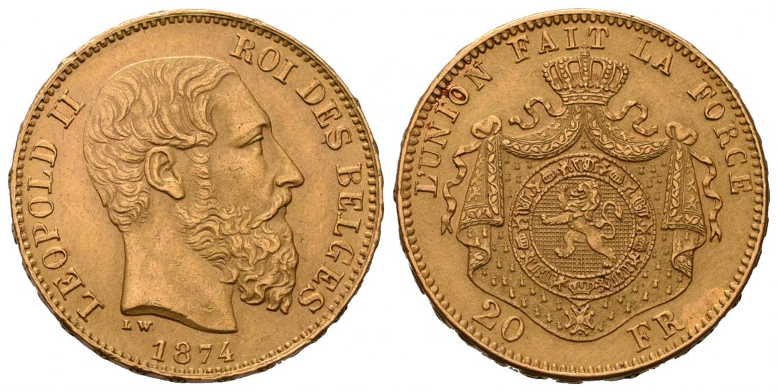 PEUS 7145 Belgien 5,81 g Feingold. Leopold II. (1865-1909) 20 Francs GOLD 1874 Kl. Kratzer, fast Vorzüglich
