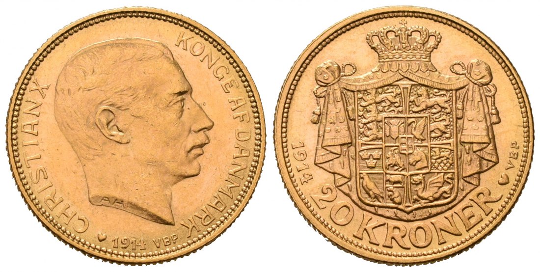 PEUS 5869 Dänemark 8,06 g Feingold. Kopenhagen Christian X. (1912 - 1947) 20 Kroner GOLD 1914 VBP Kl. Kratzer, Vorzüglich +