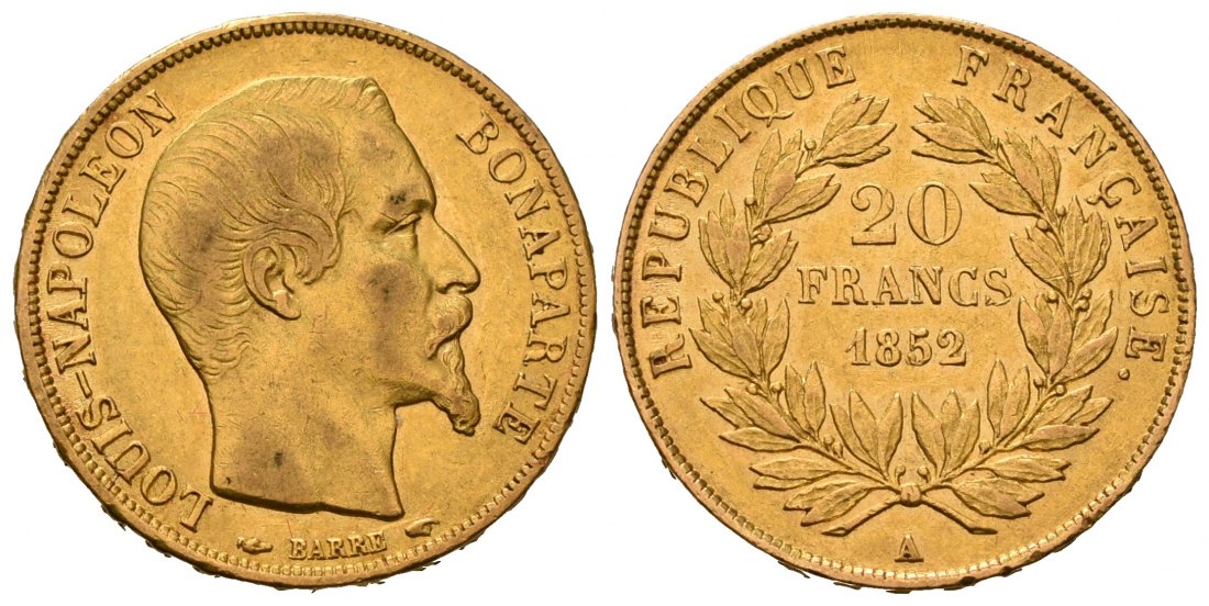 PEUS 7152 Frankreich 5,81 g Feingold. Louis Napoleon (1848 - 1852) 20 Francs GOLD 1852 A Kl. Kratzer, Sehr schön