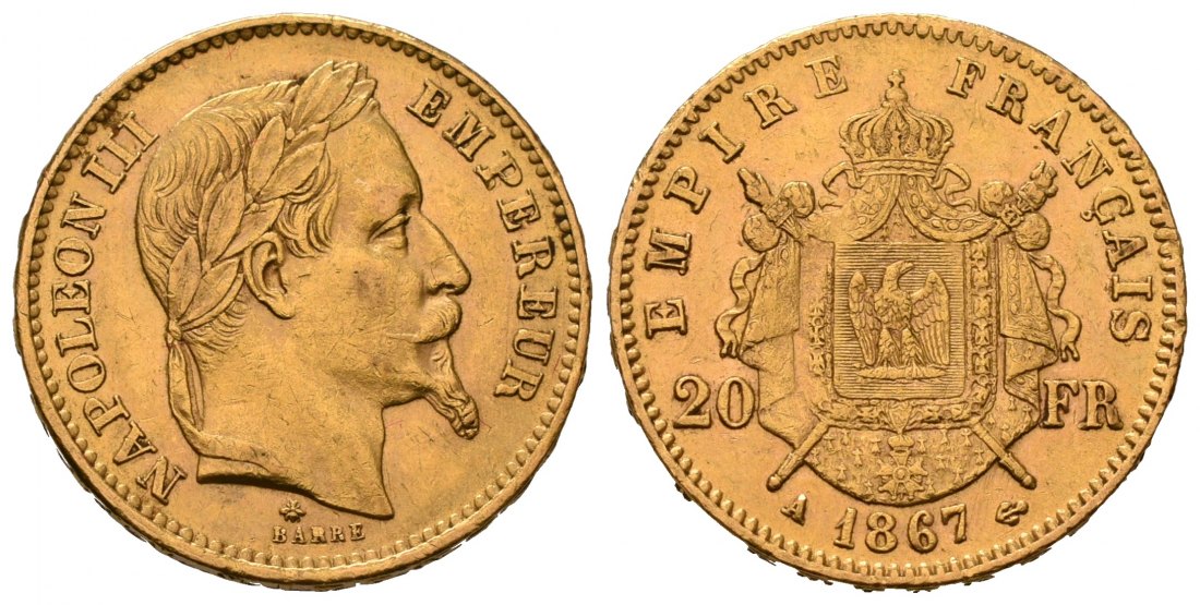 PEUS 7153 Frankreich 5,81 g Feingold. Napoleon III. (1852-1870) 20 Francs GOLD 1867 A Sehr schön