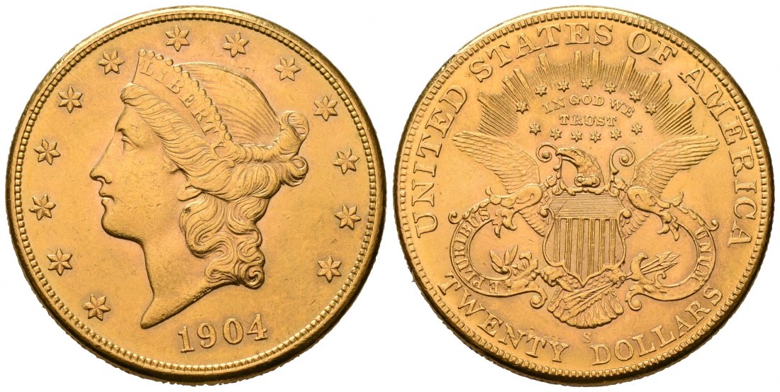 PEUS 7167 USA 30,1 g Feingold. Coronet Head 20 Dollars GOLD 1904 S Kl. Kratzer, fast Vorzüglich