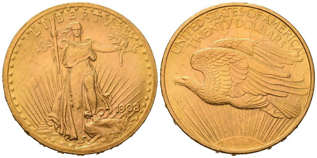 PEUS 7170 USA 30,1 g Feingold 20 Dollars GOLD 1908 Sehr schön