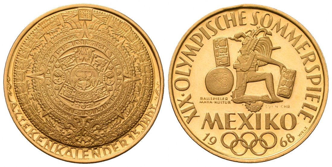 PEUS 7172 Mexiko 6,27 g Feingold / 22 mm. Olympiade 1968 Mexiko / Aztekenkalender Goldmedaille 1968 Vorzüglich