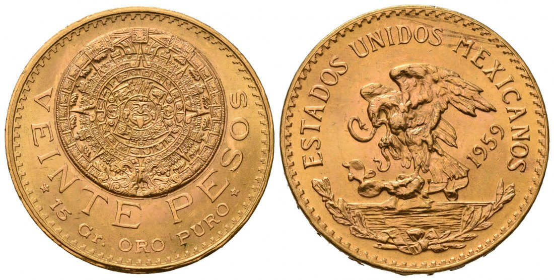 PEUS 7177 Mexiko 15 g Feingold 20 Pesos GOLD 1959 Kl. Kratzer, Fast Stempelglanz