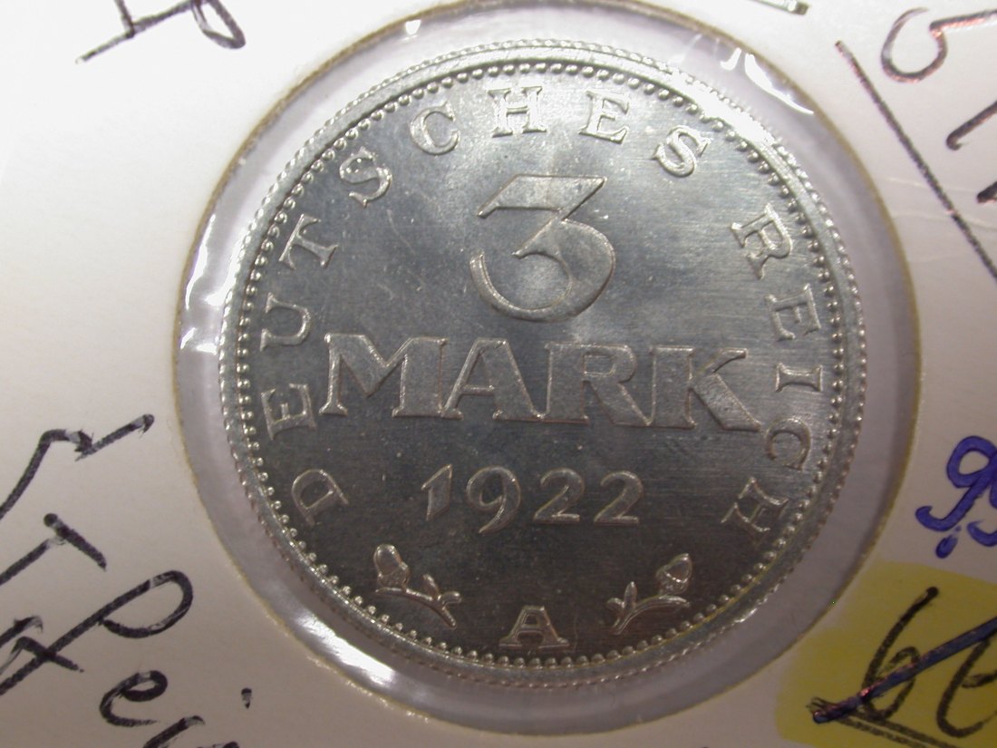 F05 Weimar 3 Mark 1922 A ohne Umschrift in ST fein !! Originalbilder