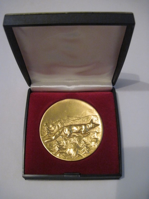  Medaille Jagdmedaille Fuchs , vergoldet, in Etui   