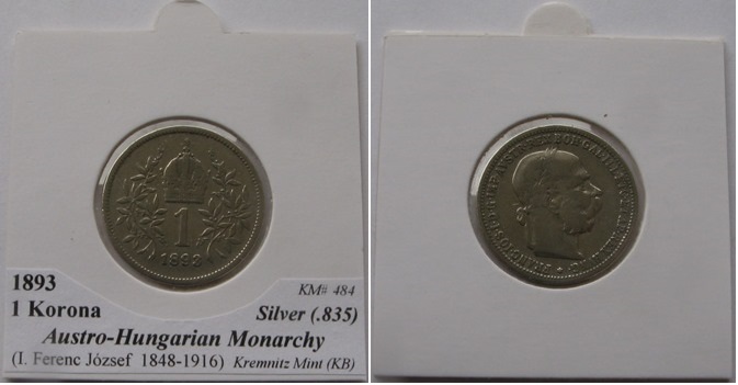  1893, Austro-Hungarian Monarchy, 1 Corona (KB)-silver coin   