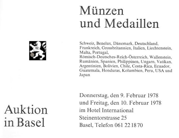  Schweizerischer Bankverein (Basel) Auktion 07 (1978) Münzen &Medaillen in Gold & Silber Serie Zürich   