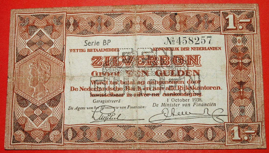  * SILVER NOTE: NETHERLANDS ★ 1 GULDEN 1938! WILHELMINA (1890-1948)   ★LOW START ★ NO RESERVE!   