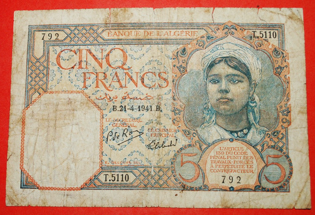  * BOATS & VEILED WOMAN: ALGERIA ★ 5 FRANCS 1941 WITHOUT SERIAL #!  ★LOW START ★ NO RESERVE!   