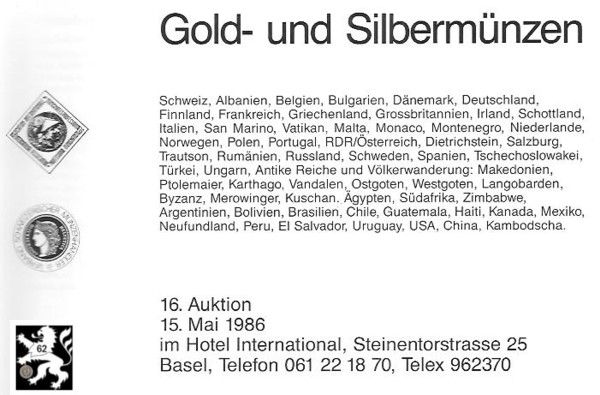  Schweizerischer Bankverein (Basel) Auktion 16 (1986) Münzen &Medaillen in Gold & Silber   