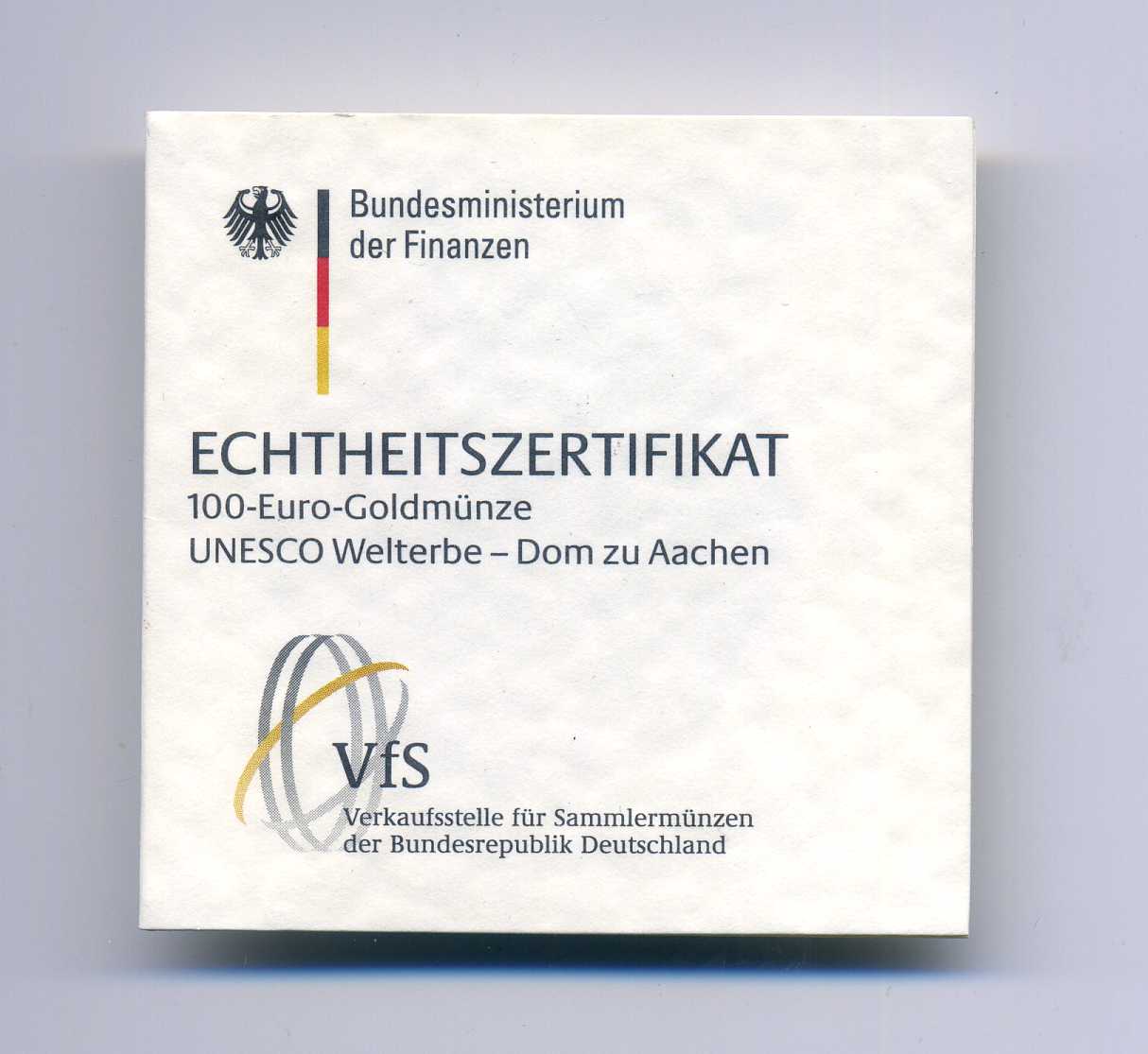  Zertifikat Original für 100 Euro Goldmünze 2012 Dom zu Aachen nur Zertifikat   