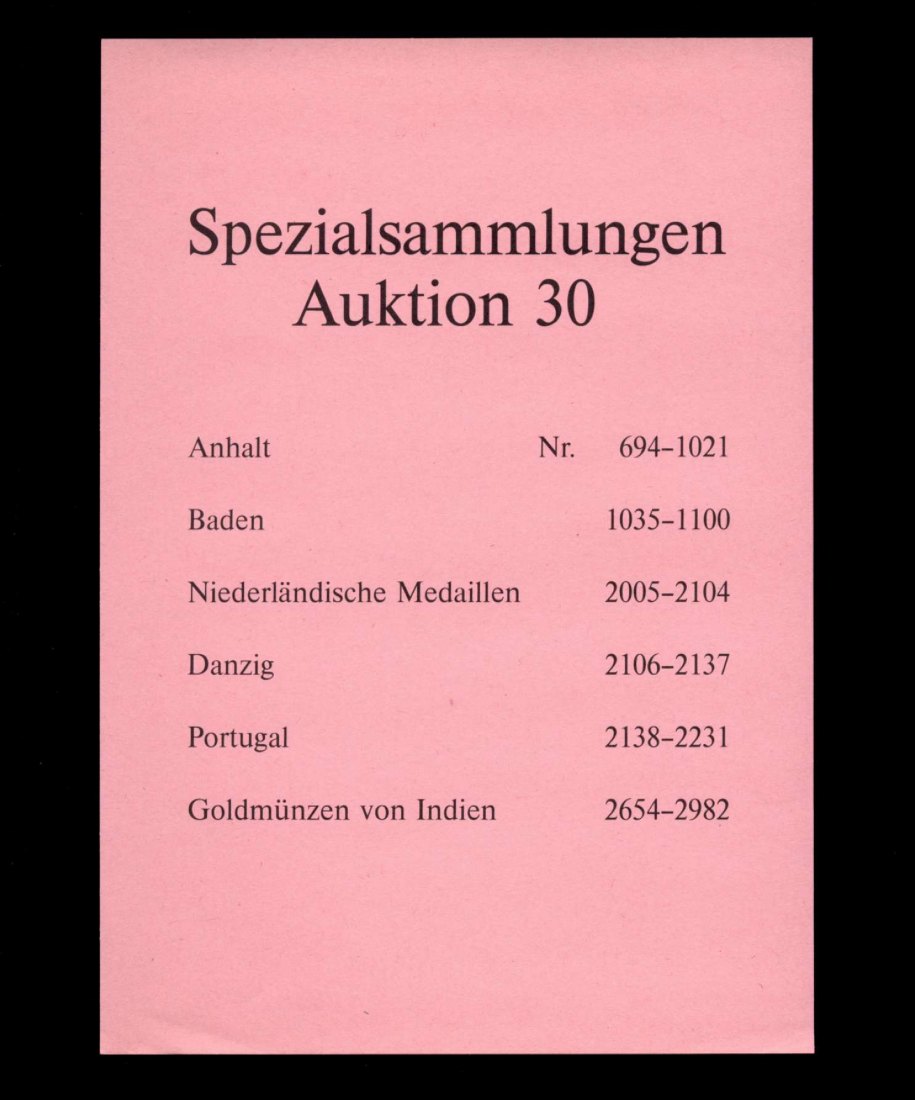  Schweizerischer Bankverein (Zürich) Auktion 30 (1992) Anhalt ,Baden Niederländische Medaillen Danzig   