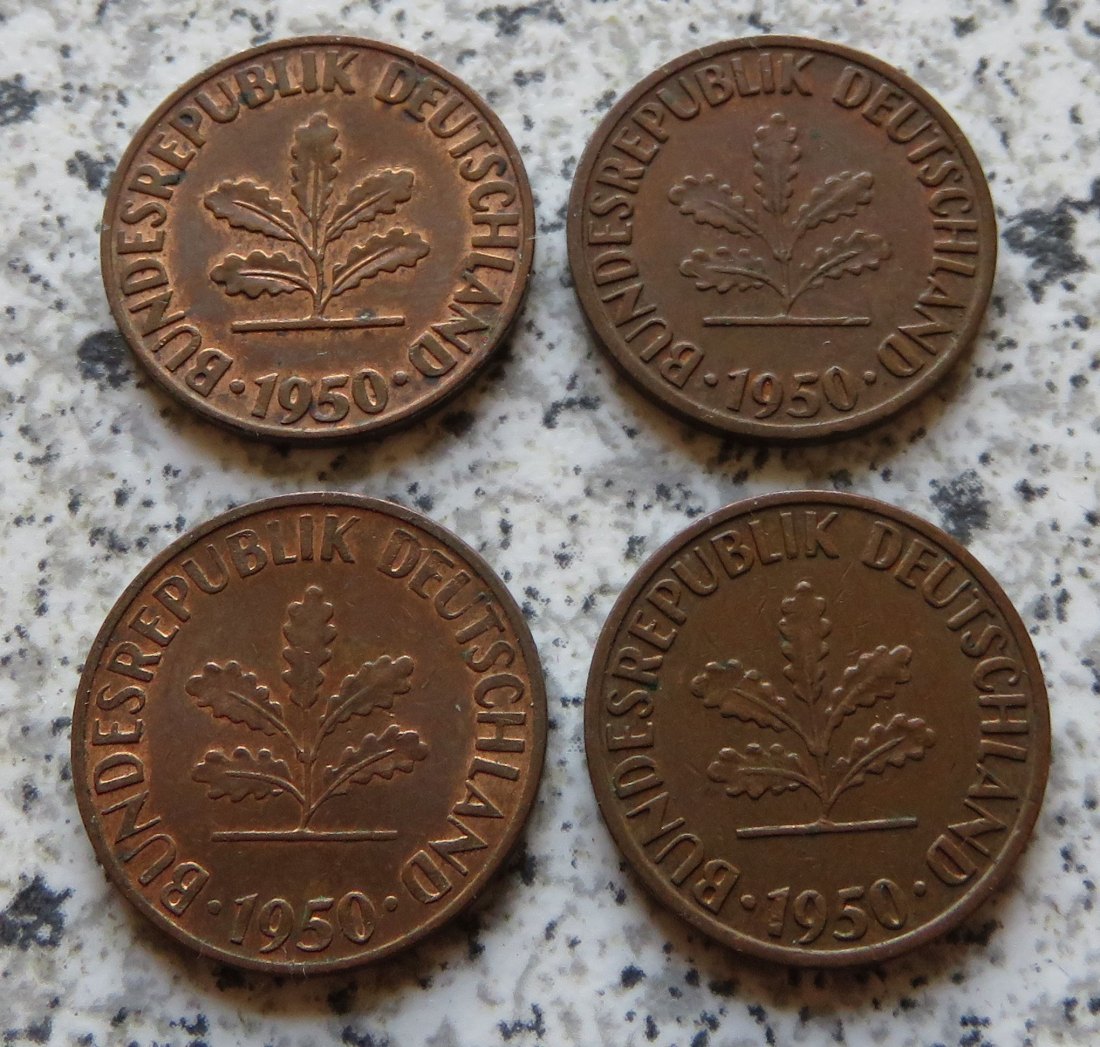  BRD 1 Pfennig 1950 D, F, G und J, teils besser   