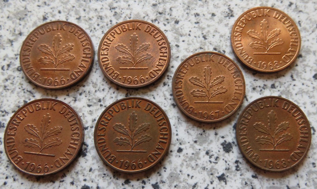  BRD 1 Pfennig 1966 - 1968, 7 Stück, teils besser   