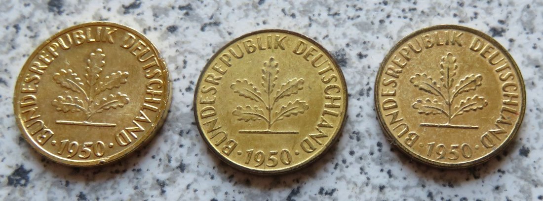  BRD 1 Pfennig 1950 F, G und J, vergoldet   