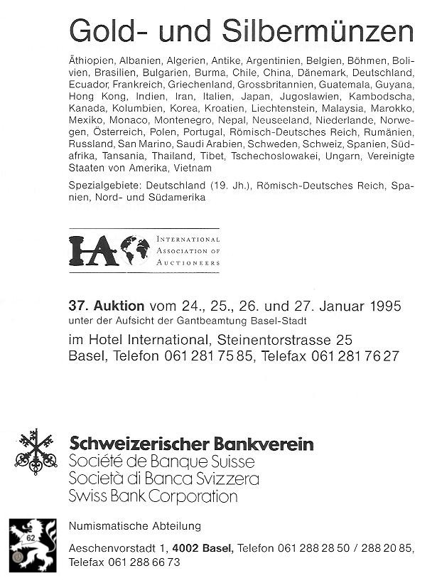  Schweizerischer Bankverein (Basel) Auktion 37 (1995) Spezial-Slg. Deutschland (19 Jahrhundert) ,RDR   