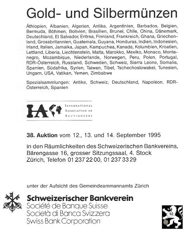  Schweizerischer Bankverein (Zürich) Auktion 38 (1995) Antike ,Schweiz ,Deutschland ,Napoleon ,R.D.R   