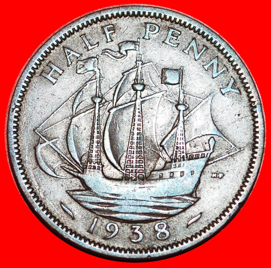  * SCHIFF: GROSSBRITANNIEN ★ HALBER PENNY 1938! GEORG VI. (1937-1952) OHNE VORBEHALT!   