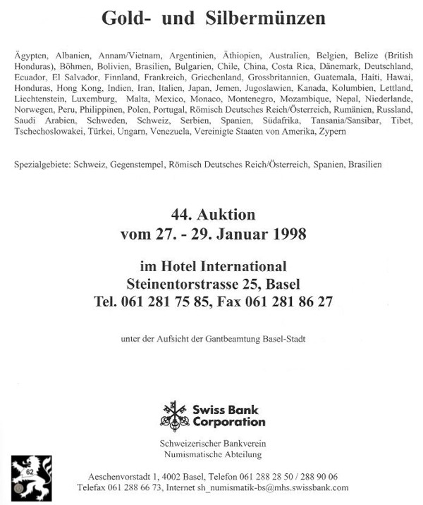  Schweizerischer Bankverein (Basel) Auktion 44 (1998) Spezialgebiete Schweiz RDR Gegenstempel Spanien   