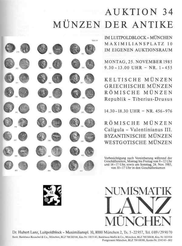 Lanz ( München ) Auktion 34 (1985) ANTIKE - Römische Republik & Kaiserzeit ,Griechen ,Kelten ,Byzanz   