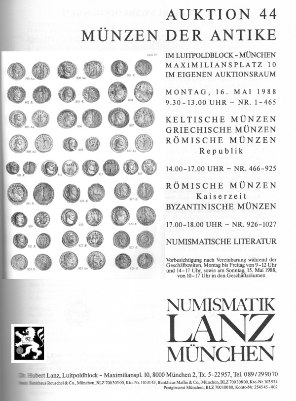  Lanz ( München ) Auktion 44 (1988) ANTIKE - Römische Republik & Kaiserzeit ,Griechen ,Kelten ,Byzanz   