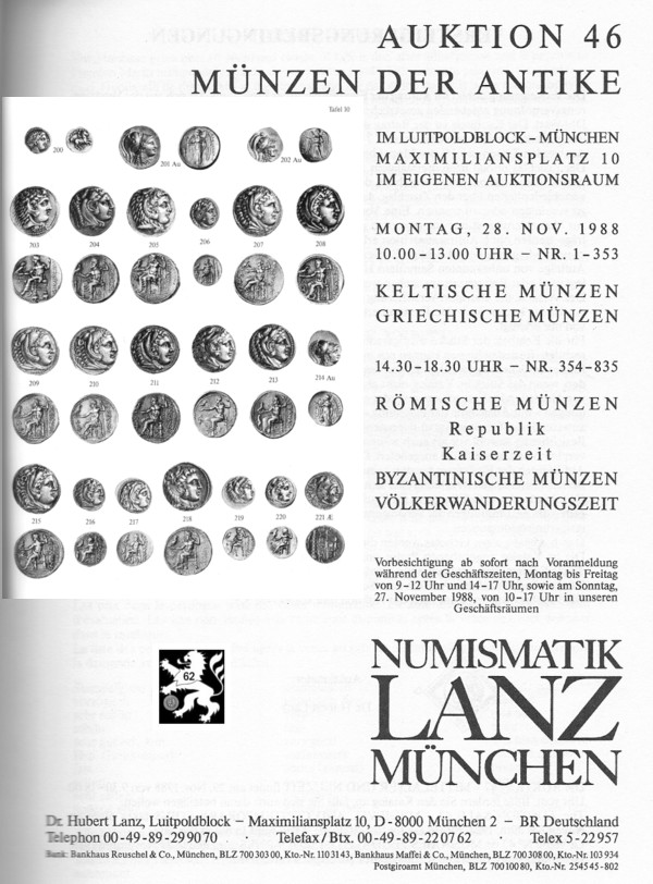  Lanz ( München ) Auktion 46 (1988) ANTIKE - Römische Republik & Kaiserzeit ,Griechen ,Kelten ,Byzanz   