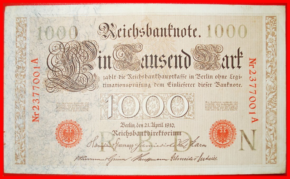  * REICHSBANKNOTE: DEUTSCHLAND ★ 1000 MARK 1910 ROTE SIEGEL (1910-1916)! OHNE VORBEHALT!   