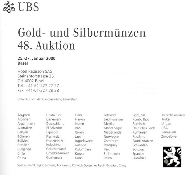  Schweizerischer Bankverein (Basel) Auktion 48 (2000) Schweiz ,Frankreich ,Römisch Deutsches Reich ua   